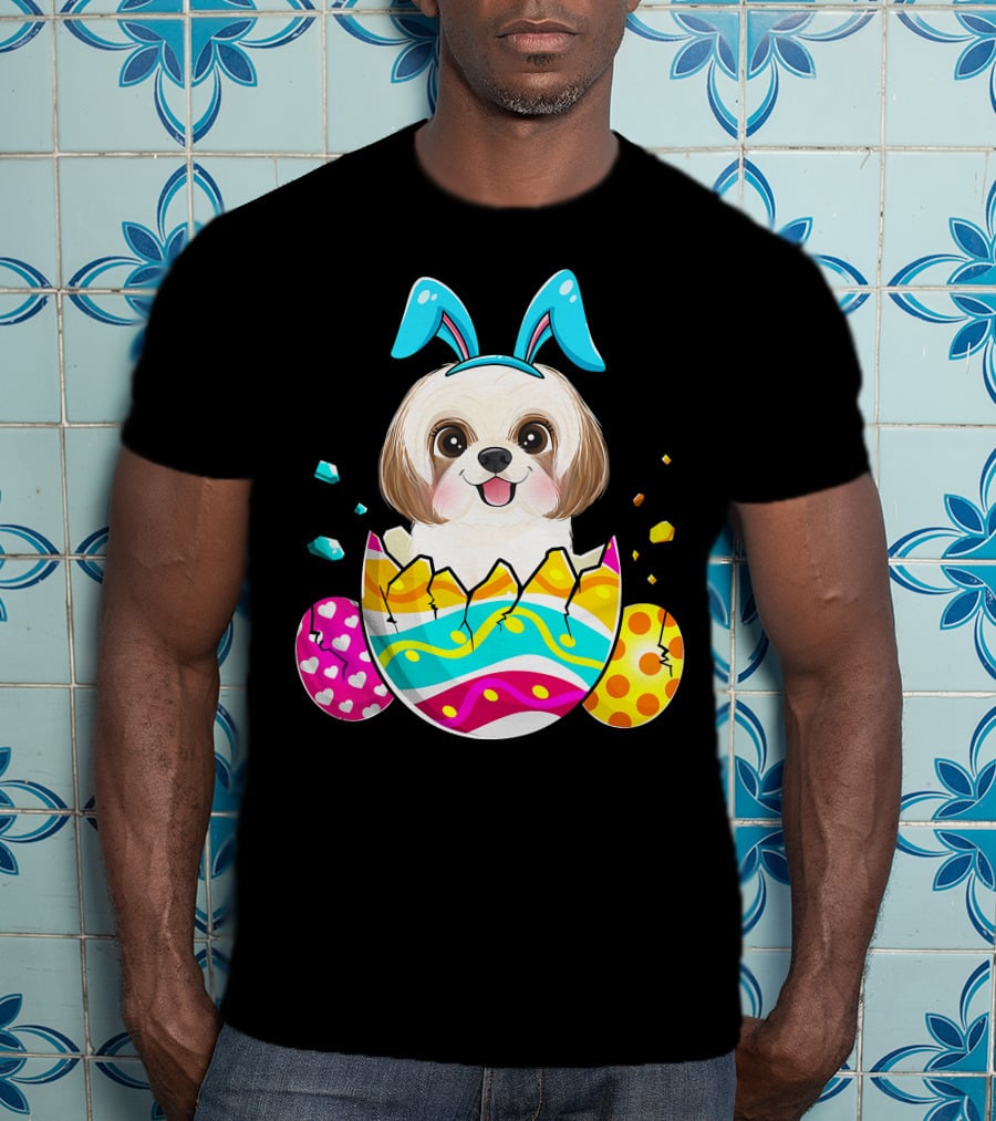 Shih Tzu Bunny Ears Easter Day Cute Dog Dad With Colorful Eggs T-Shirt