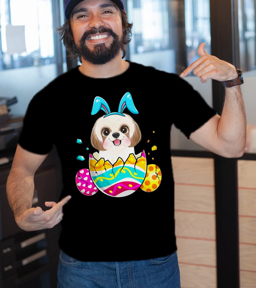 Shih Tzu Bunny Ears Easter Day Cute Dog Dad With Colorful Eggs T-Shirt