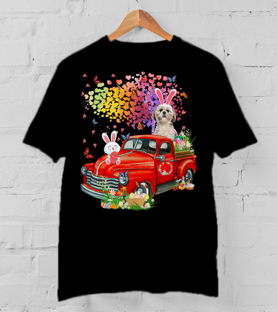 Shih Tzu Bunny On Red Truck With Easter Eggs And Rainbow Hearts T-Shirt