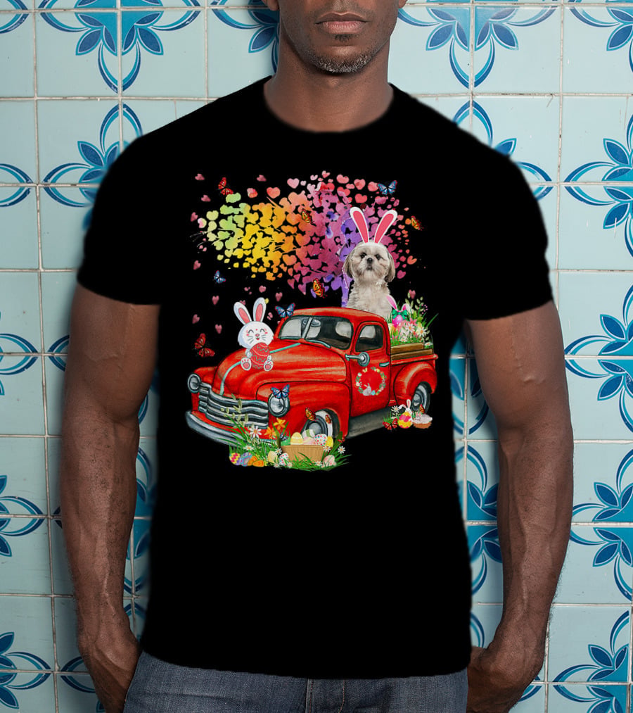 Shih Tzu Bunny On Red Truck With Easter Eggs And Rainbow Hearts T-Shirt