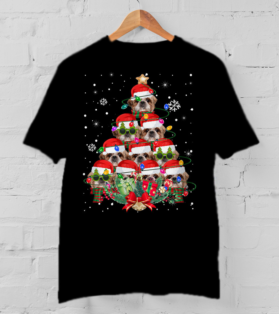 Shih Tzu Christmas Tree With Santa Hats And Lights Family Pajamas T-Shirt