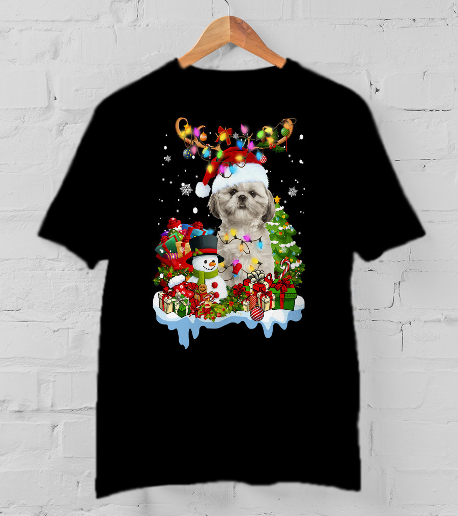 Shih Tzu Christmas Santa Hat Reindeer Antlers Lights Snowman Gifts Tree T-Shirt