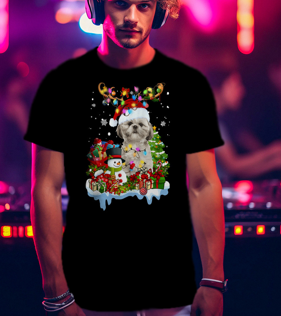 Shih Tzu Christmas Santa Hat Reindeer Antlers Lights Snowman Gifts Tree T-Shirt