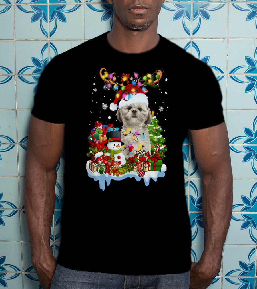 Shih Tzu Christmas Santa Hat Reindeer Antlers Lights Snowman Gifts Tree T-Shirt