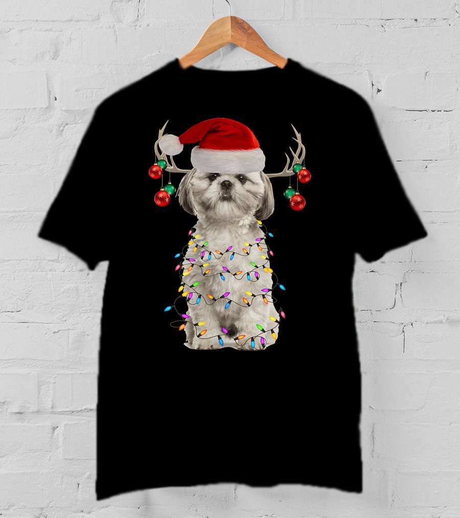 Shih Tzu Christmas Tree Santa Hat With Lights And Antlers T-Shirt