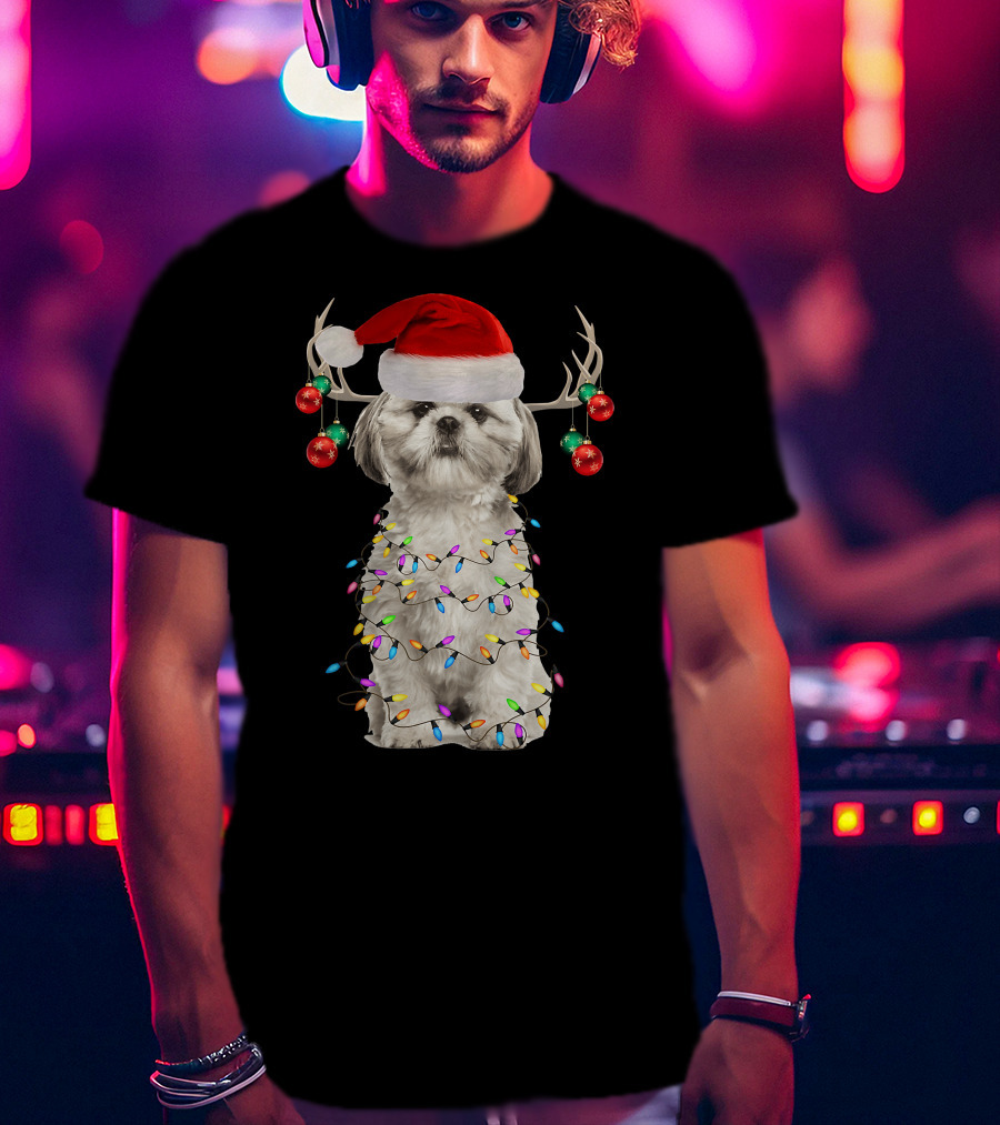 Shih Tzu Christmas Tree Santa Hat With Lights And Antlers T-Shirt