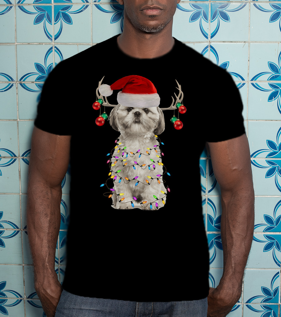 Shih Tzu Christmas Tree Santa Hat With Lights And Antlers T-Shirt
