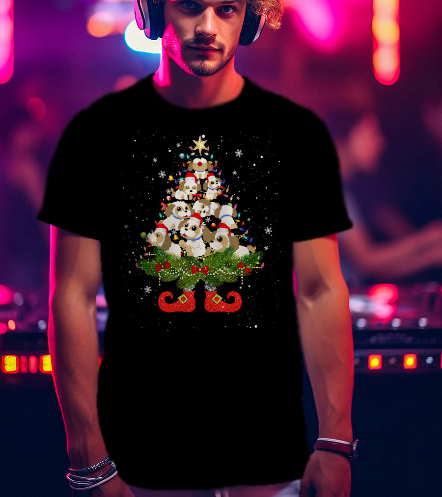 Shih Tzu Christmas Tree Lights Funny Santa Hat Dog Festive Holiday Puppies T-Shirt