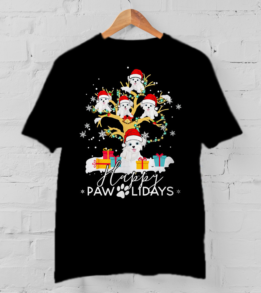 Shih Tzu Christmas Tree Santa Hat Lights Presents Happy Paw Holidays T-Shirt