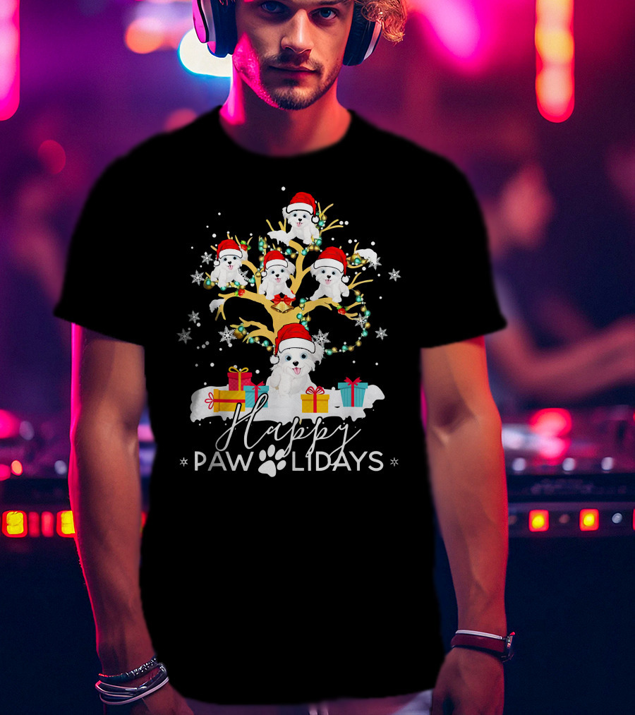 Shih Tzu Christmas Tree Santa Hat Lights Presents Happy Paw Holidays T-Shirt