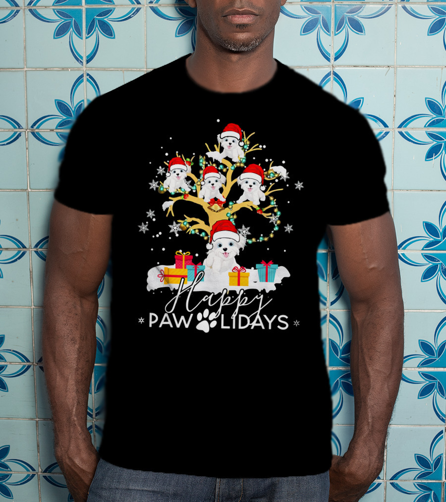 Shih Tzu Christmas Tree Santa Hat Lights Presents Happy Paw Holidays T-Shirt