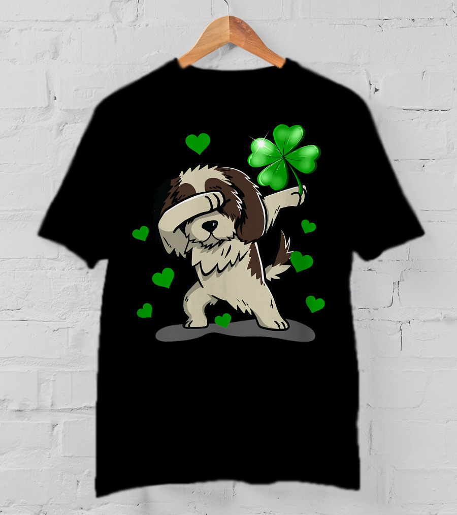 Shih Tzu Dabbing With Green Shamrock And Hearts T-Shirt