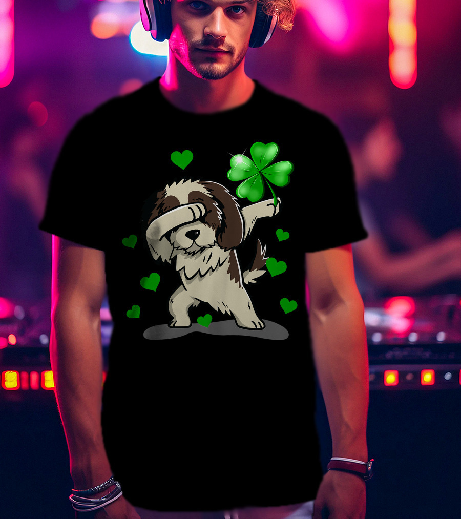 Shih Tzu Dabbing With Green Shamrock And Hearts T-Shirt