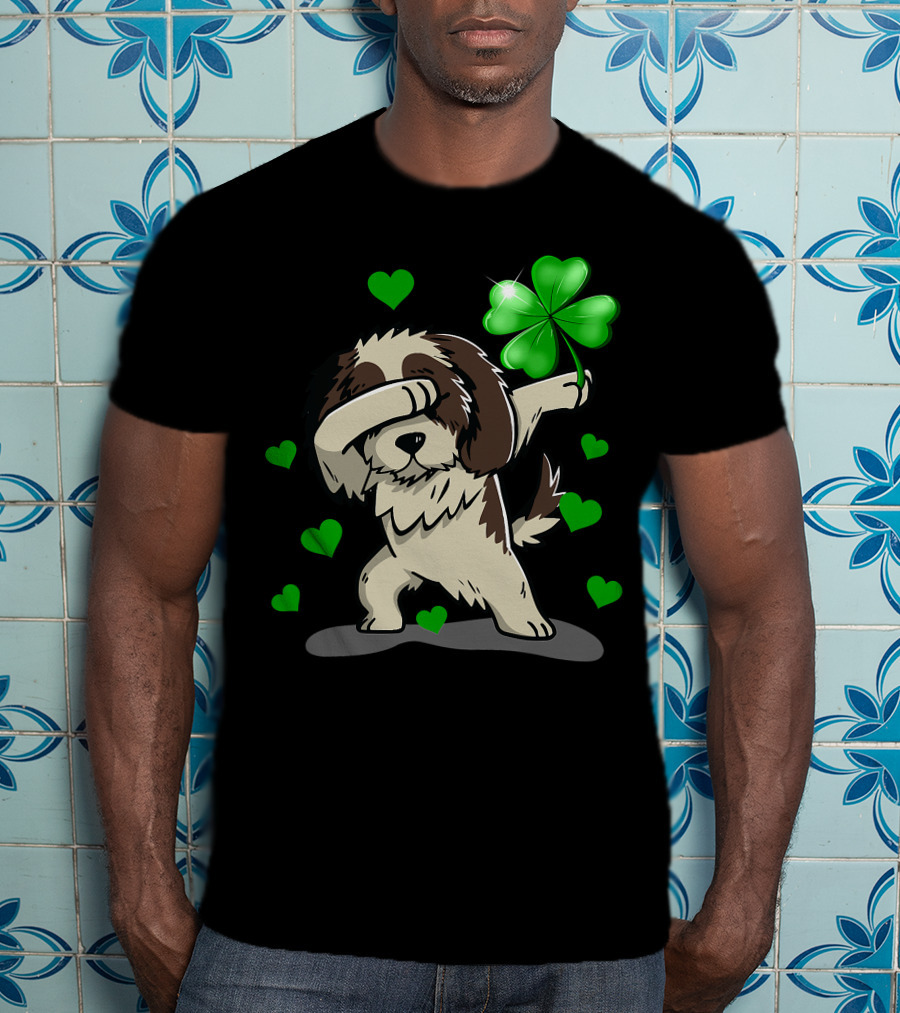Shih Tzu Dabbing With Green Shamrock And Hearts T-Shirt