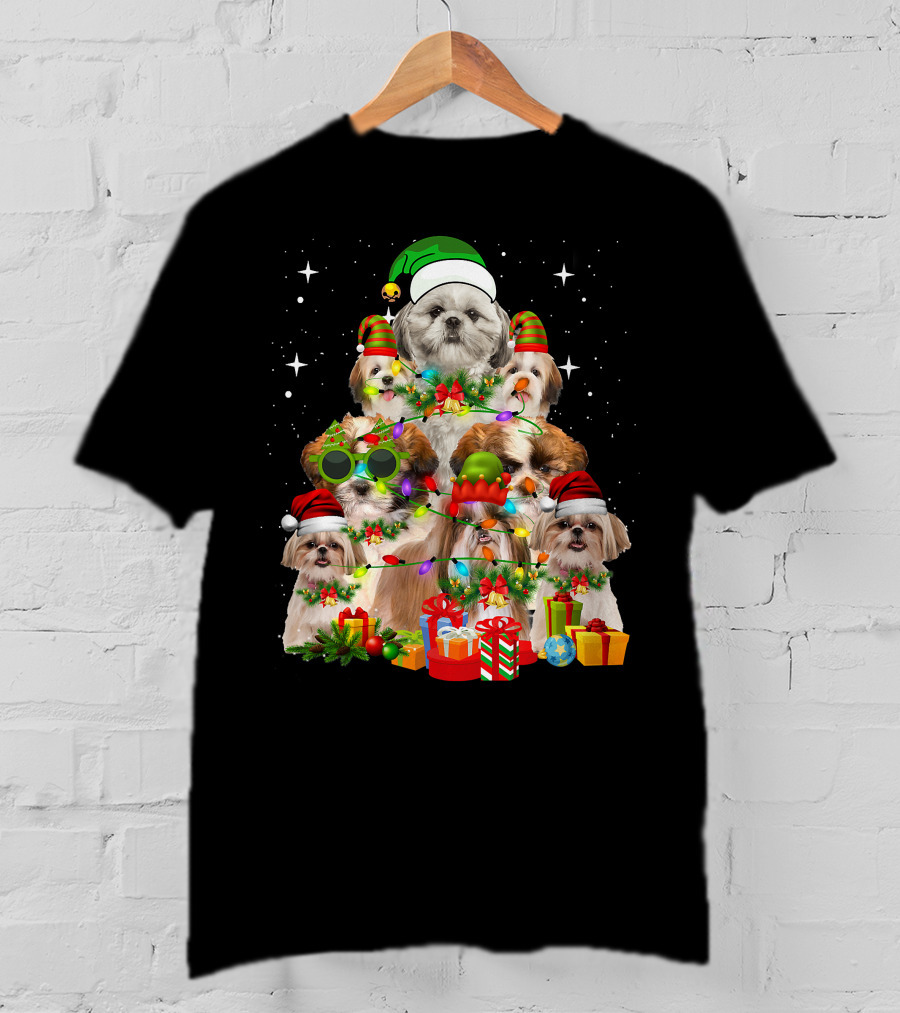 Shih Tzu Dog Christmas Tree With Presents And Santa Hats T-Shirt