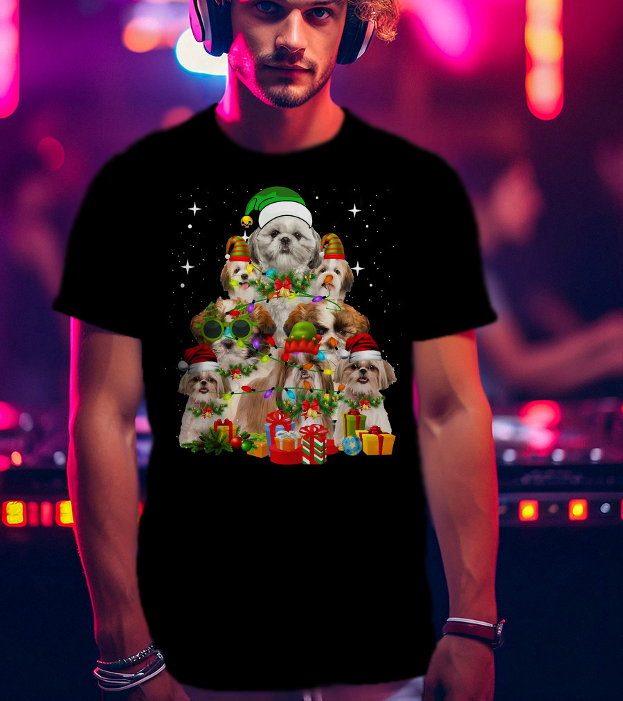 Shih Tzu Dog Christmas Tree With Presents And Santa Hats T-Shirt