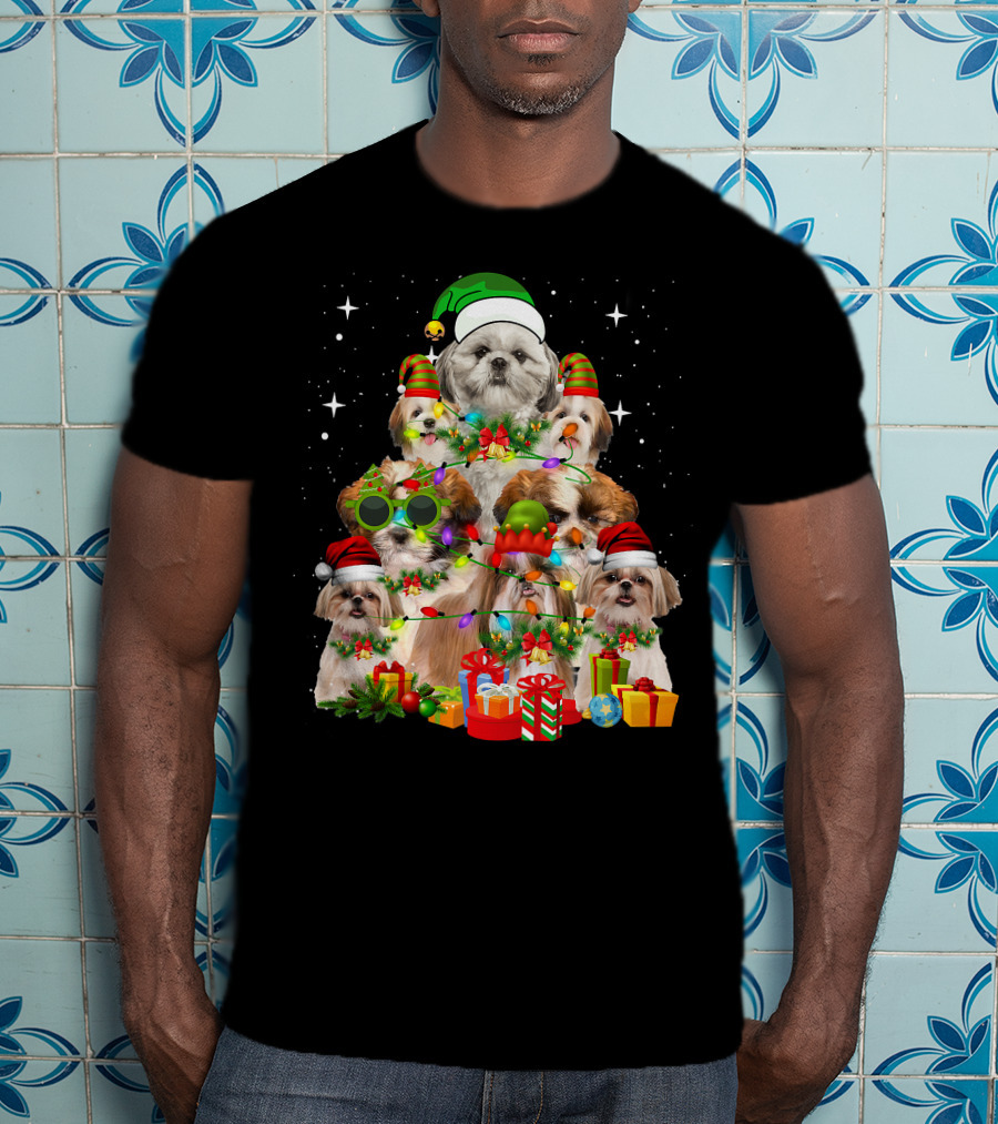 Shih Tzu Dog Christmas Tree With Presents And Santa Hats T-Shirt