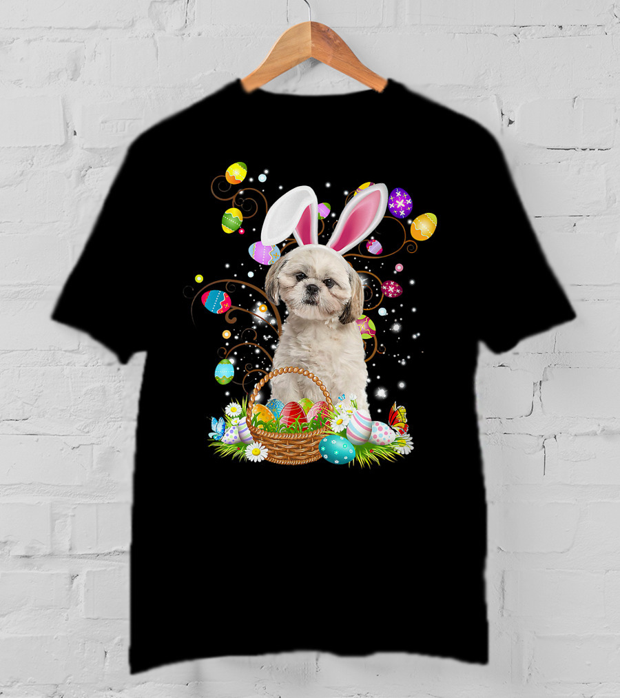 Shih Tzu Dog Bunny Ears With Colorful Easter Eggs Basket Fun Easter Day T-Shirt