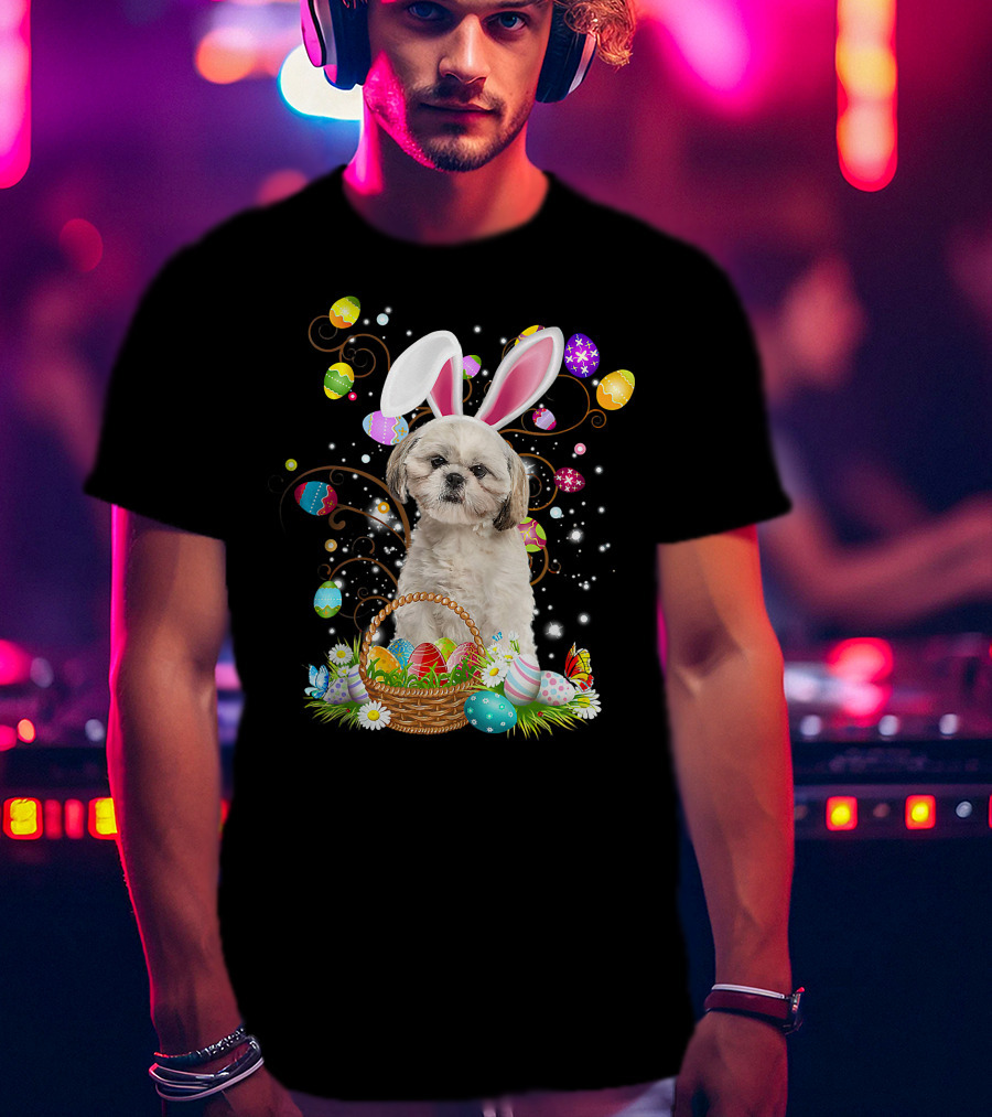 Shih Tzu Dog Bunny Ears With Colorful Easter Eggs Basket Fun Easter Day T-Shirt