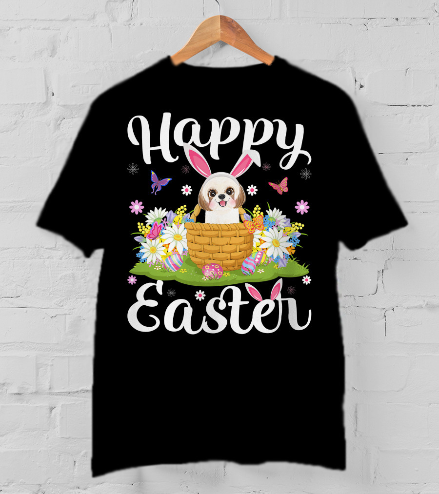 Shih Tzu Dog With Bunny Ears In Easter Egg Basket With Flowers And Butterflies T-Shirt