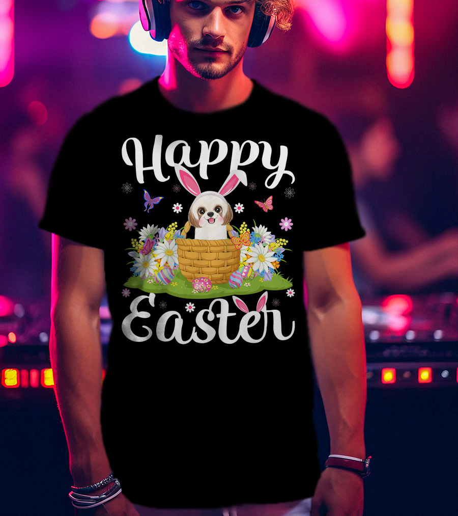 Shih Tzu Dog With Bunny Ears In Easter Egg Basket With Flowers And Butterflies T-Shirt