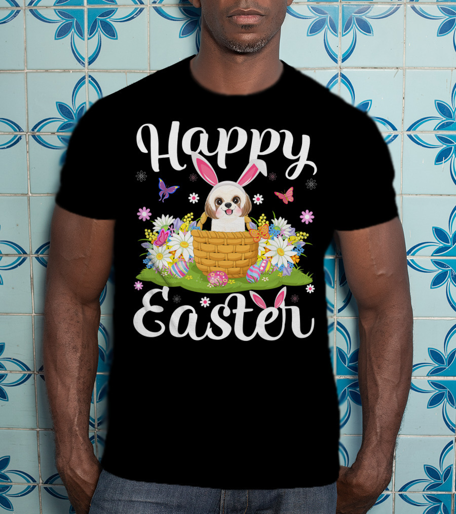 Shih Tzu Dog With Bunny Ears In Easter Egg Basket With Flowers And Butterflies T-Shirt
