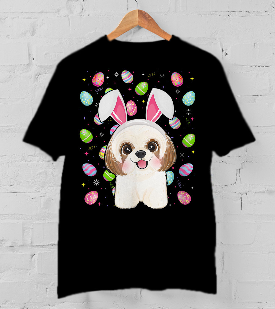 Shih Tzu Dog With Easter Eggs And Bunny Ears Funny Easter Lover Image T-Shirt