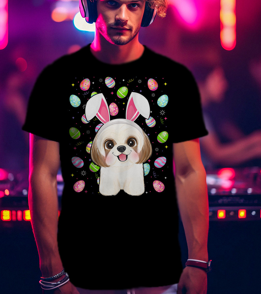 Shih Tzu Dog With Easter Eggs And Bunny Ears Funny Easter Lover Image T-Shirt