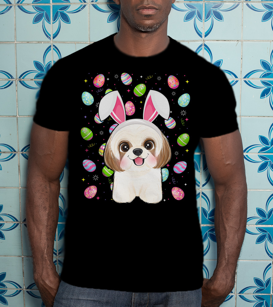 Shih Tzu Dog With Easter Eggs And Bunny Ears Funny Easter Lover Image T-Shirt