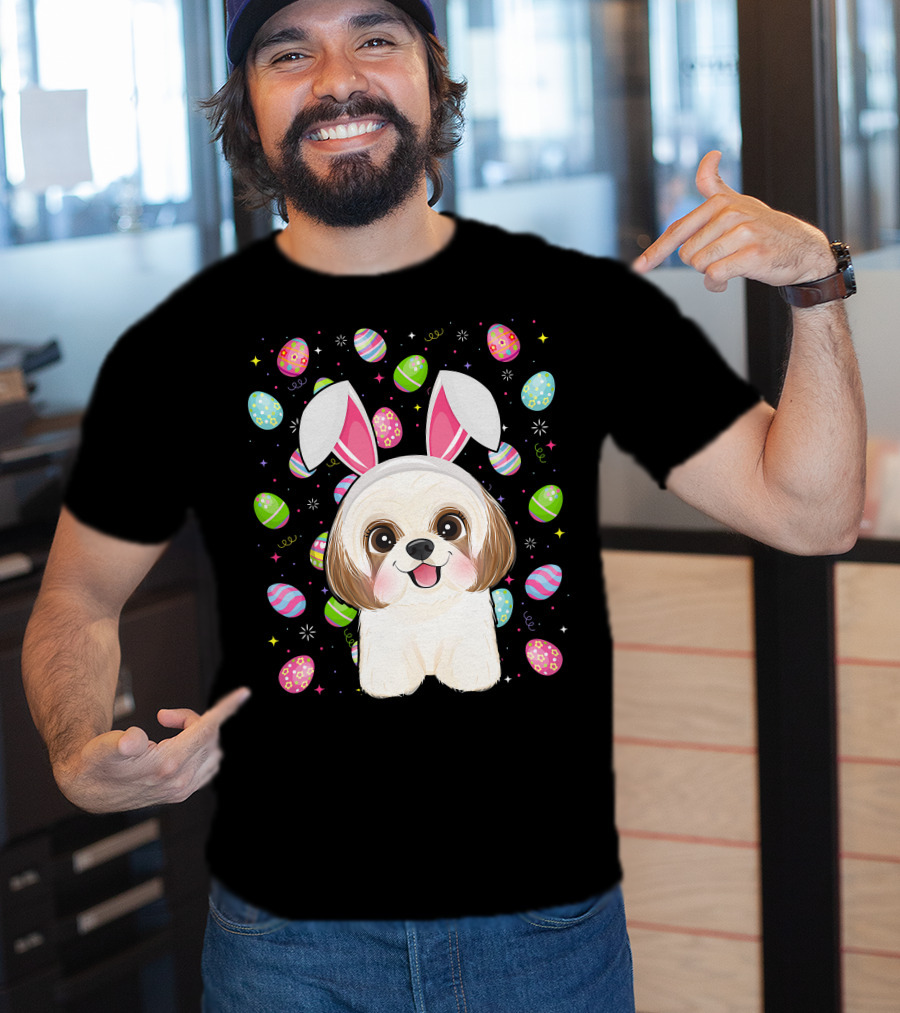 Shih Tzu Dog With Easter Eggs And Bunny Ears Funny Easter Lover Image T-Shirt