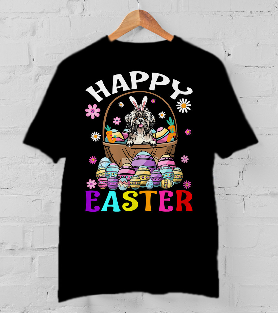 Shih Tzu Easter Bunny Dog With Colorful Eggs And Basket T-Shirt