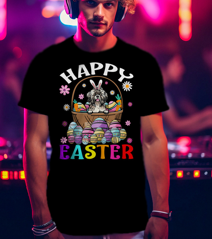 Shih Tzu Easter Bunny Dog With Colorful Eggs And Basket T-Shirt
