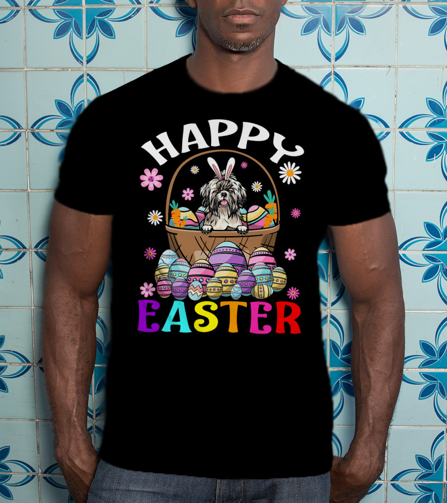 Shih Tzu Easter Bunny Dog With Colorful Eggs And Basket T-Shirt