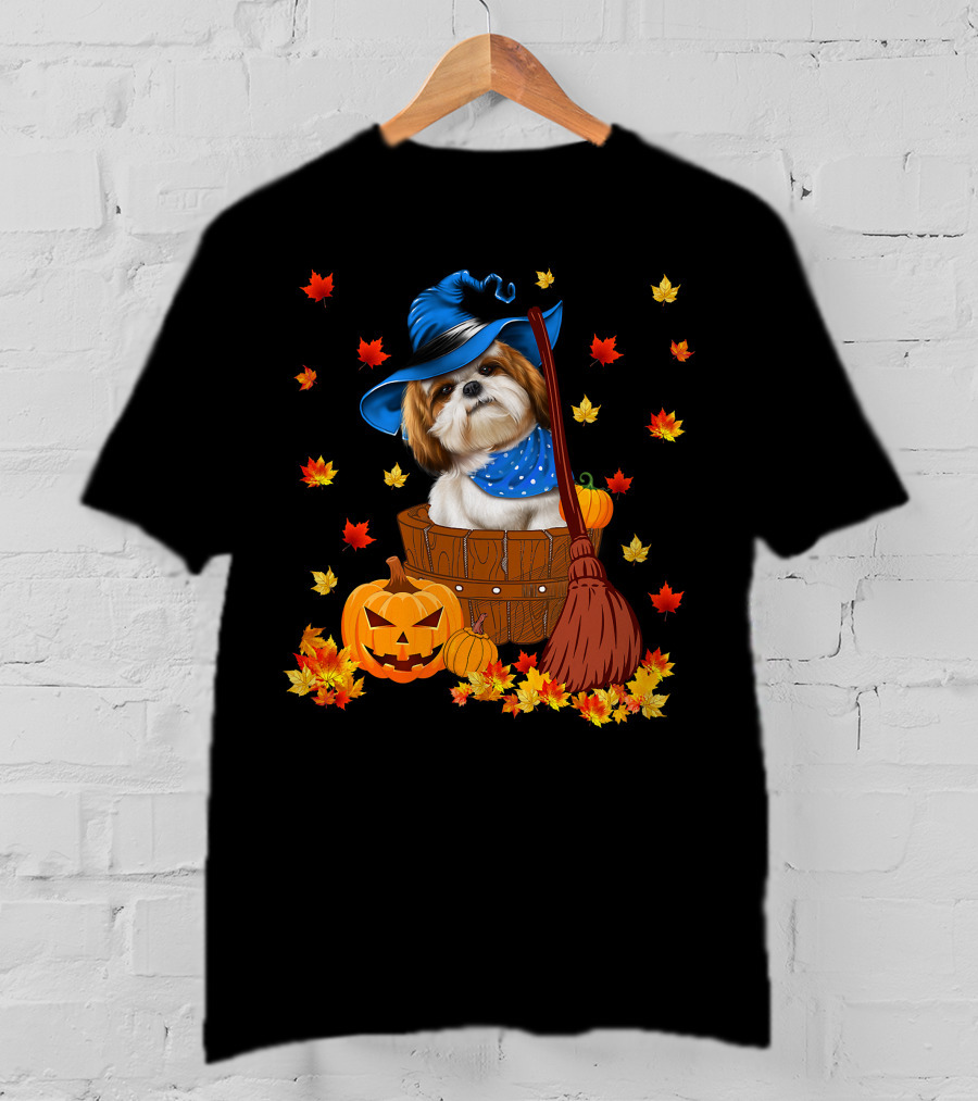 Shih Tzu Dog In Witch Hat Surrounded By Pumpkins And Leaves For Halloween T-Shirt