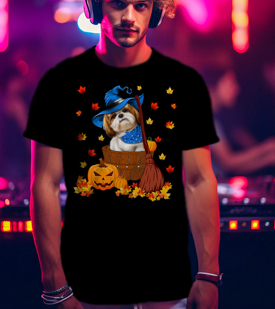 Shih Tzu Dog In Witch Hat Surrounded By Pumpkins And Leaves For Halloween T-Shirt