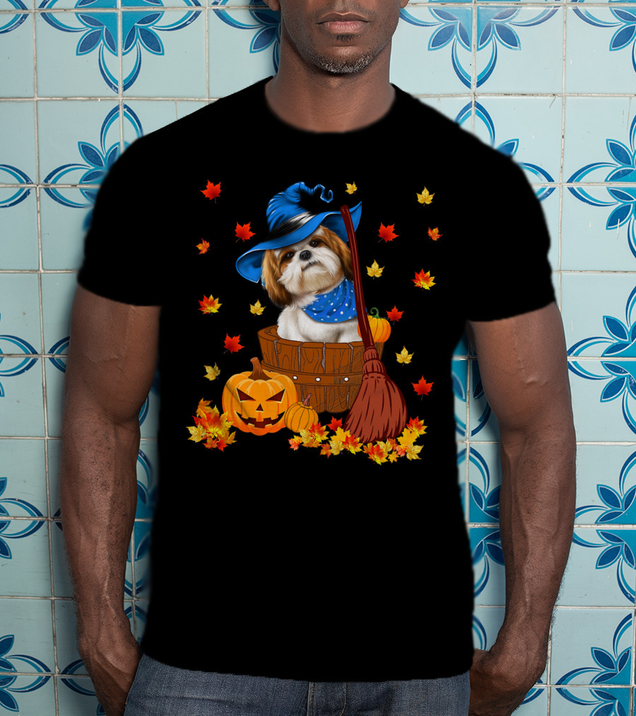 Shih Tzu Dog In Witch Hat Surrounded By Pumpkins And Leaves For Halloween T-Shirt