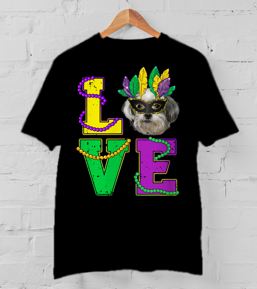 Shih Tzu Puppy Love Mardi Gras Beads Mask T-Shirt