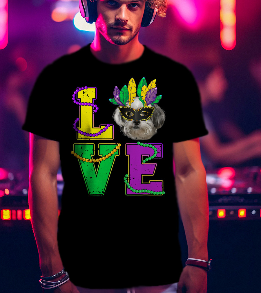 Shih Tzu Puppy Love Mardi Gras Beads Mask T-Shirt