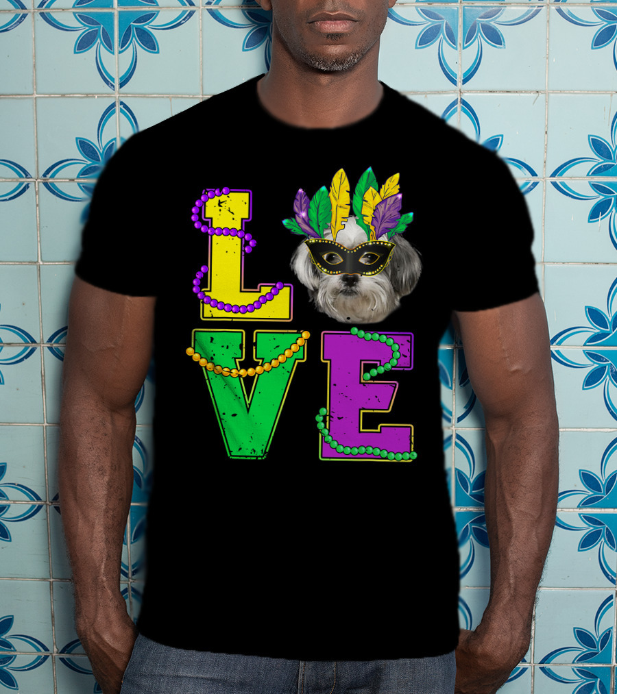 Shih Tzu Puppy Love Mardi Gras Beads Mask T-Shirt