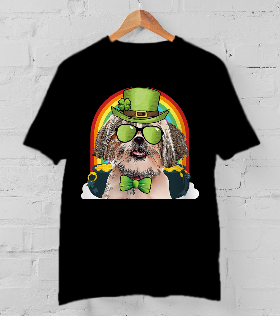 Shih Tzu Dog Leprechaun Rainbow Coins Bow Tie Sunglasses T-Shirt