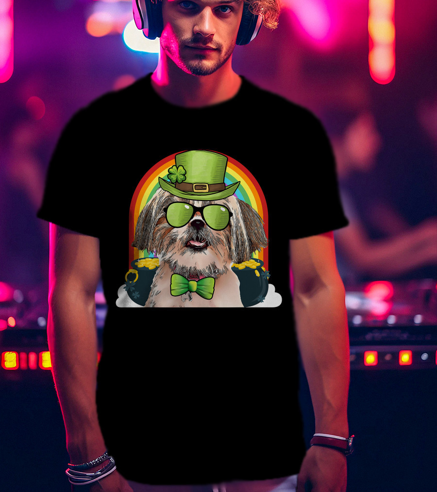 Shih Tzu Dog Leprechaun Rainbow Coins Bow Tie Sunglasses T-Shirt