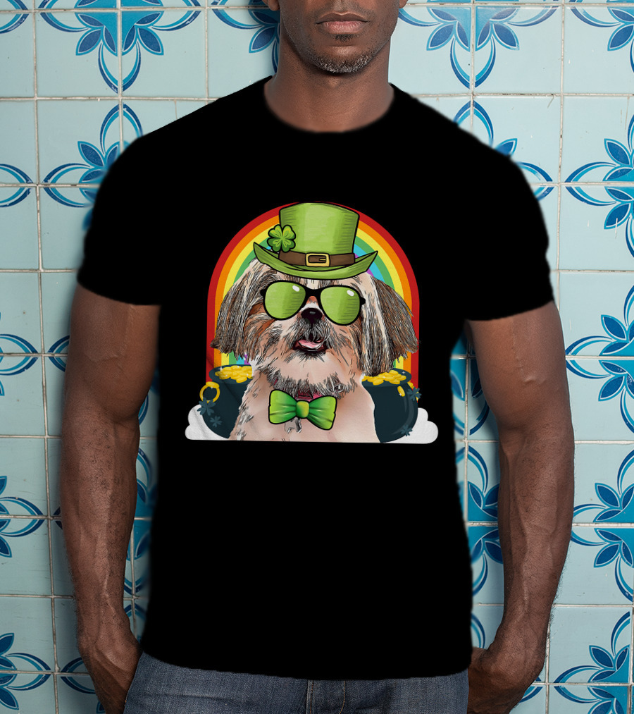Shih Tzu Dog Leprechaun Rainbow Coins Bow Tie Sunglasses T-Shirt