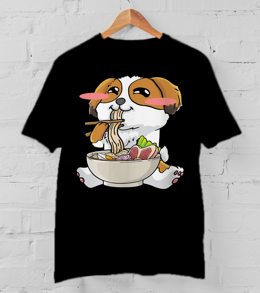 Shih Tzu Dog Enjoying Ramen Noodles With Kawaii Cute Blush Cheeks T-Shirt