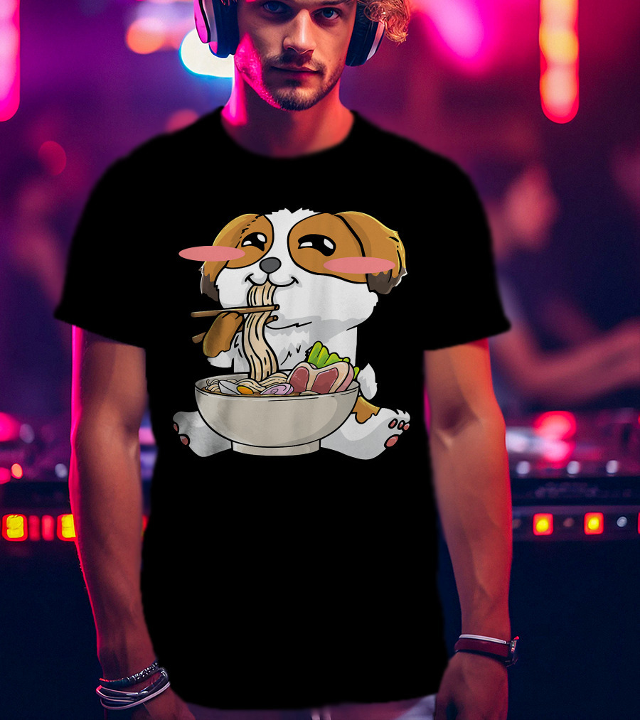 Shih Tzu Dog Enjoying Ramen Noodles With Kawaii Cute Blush Cheeks T-Shirt
