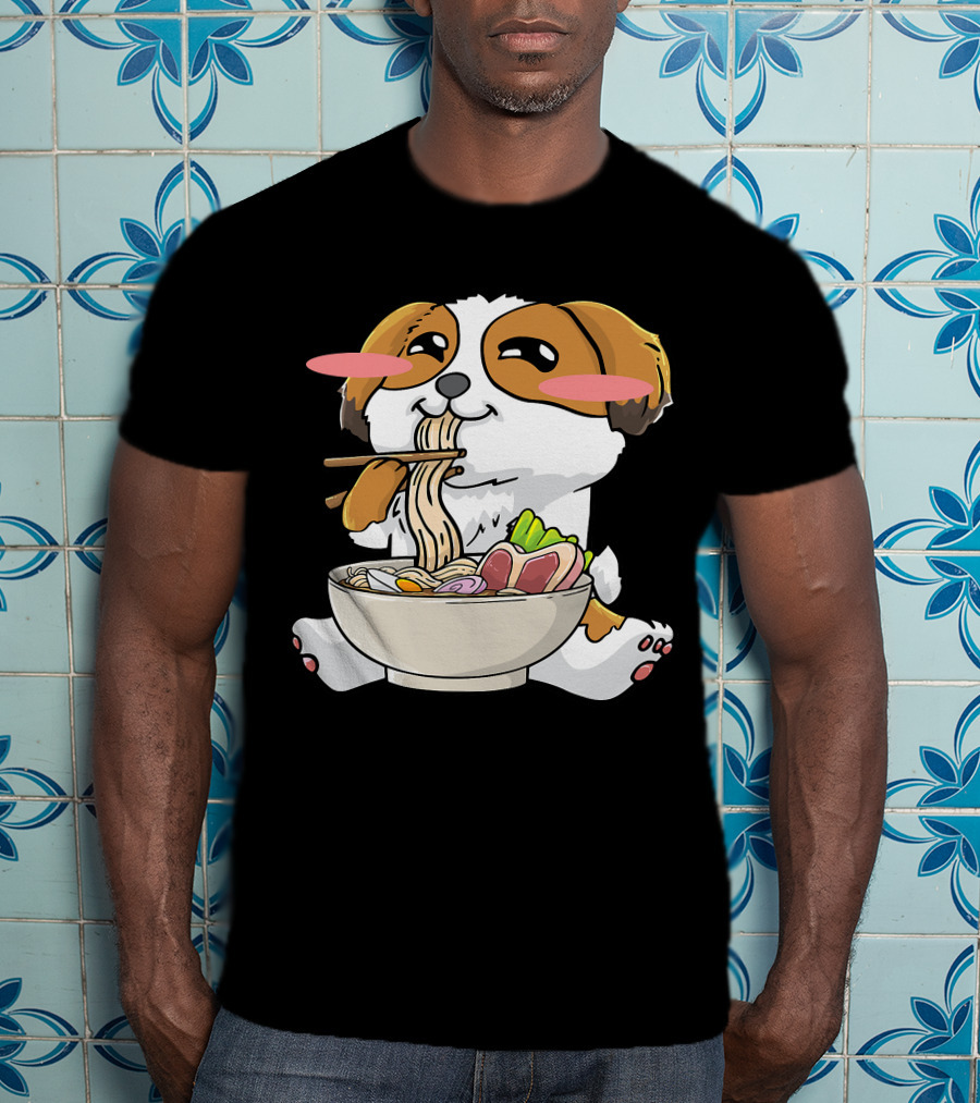 Shih Tzu Dog Enjoying Ramen Noodles With Kawaii Cute Blush Cheeks T-Shirt