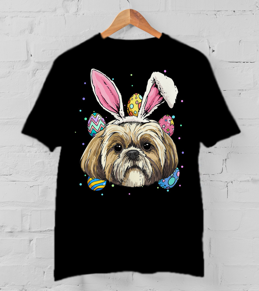 Shih Tzu Easter Bunny Dog Pet Owner Breeder Animal With Colorful Eggs T-Shirt