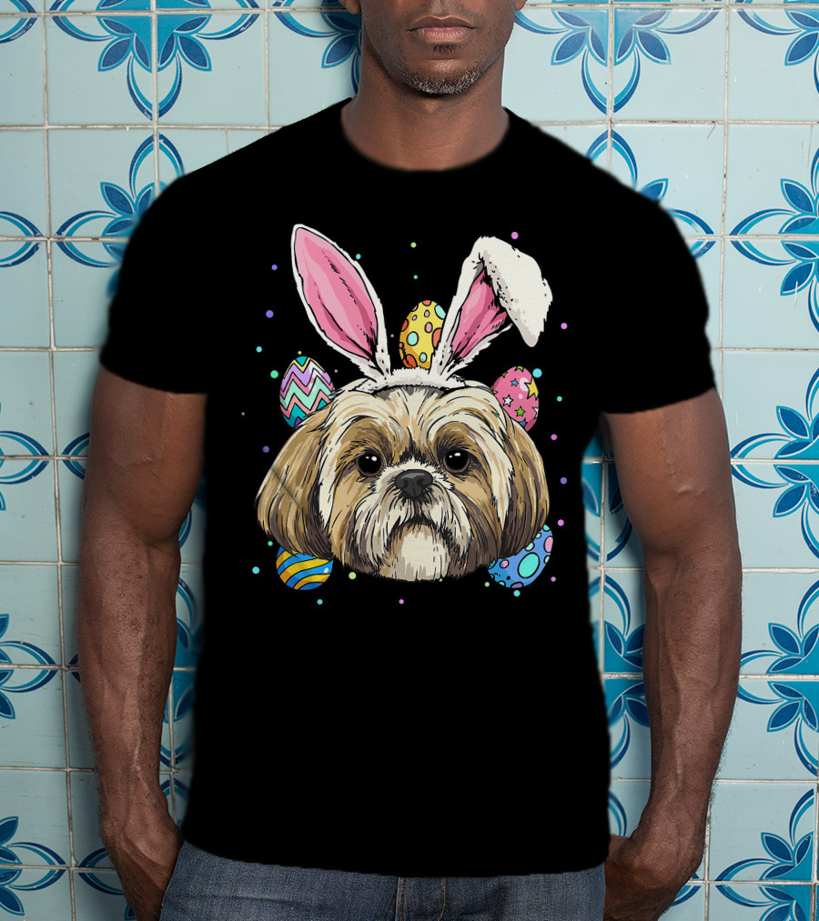 Shih Tzu Easter Bunny Dog Pet Owner Breeder Animal With Colorful Eggs T-Shirt