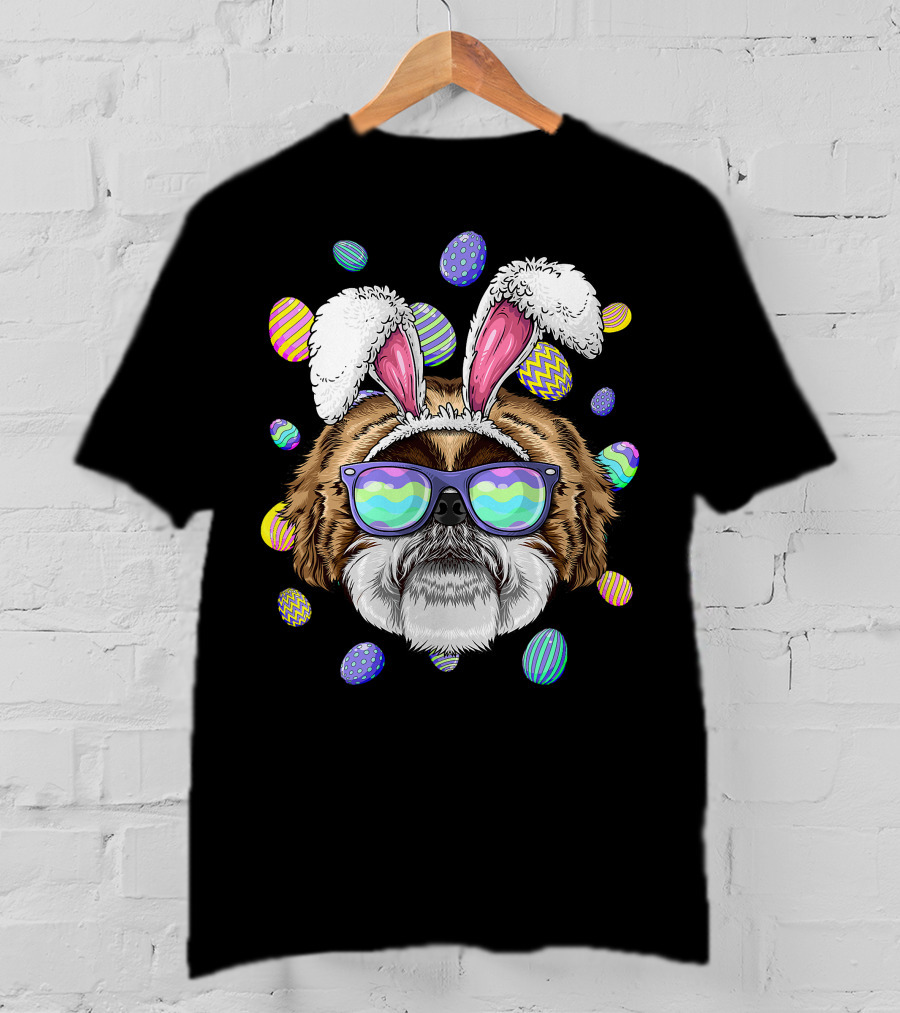 Shih Tzu With Bunny Ears And Sunglasses Surrounded By Colorful Easter Eggs T-Shirt