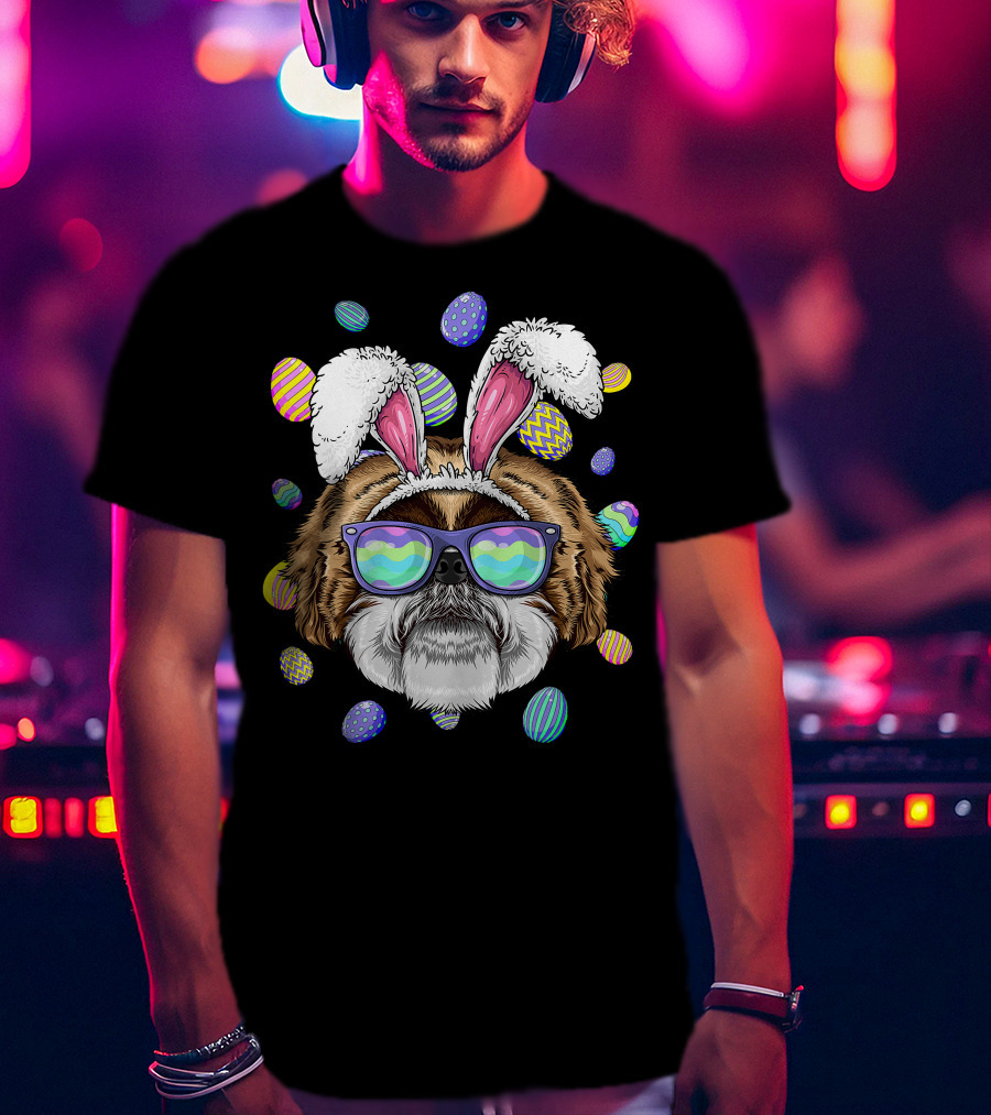 Shih Tzu With Bunny Ears And Sunglasses Surrounded By Colorful Easter Eggs T-Shirt
