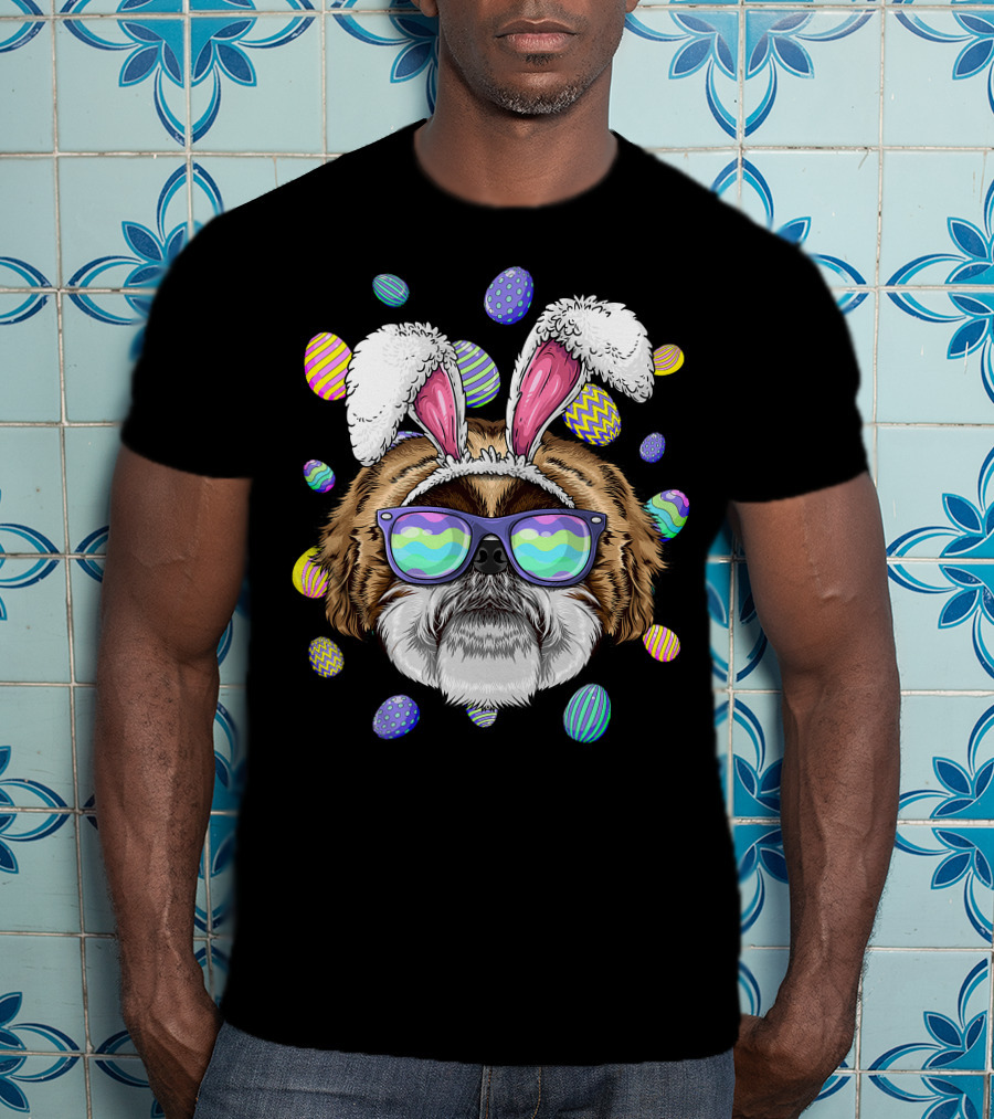 Shih Tzu With Bunny Ears And Sunglasses Surrounded By Colorful Easter Eggs T-Shirt